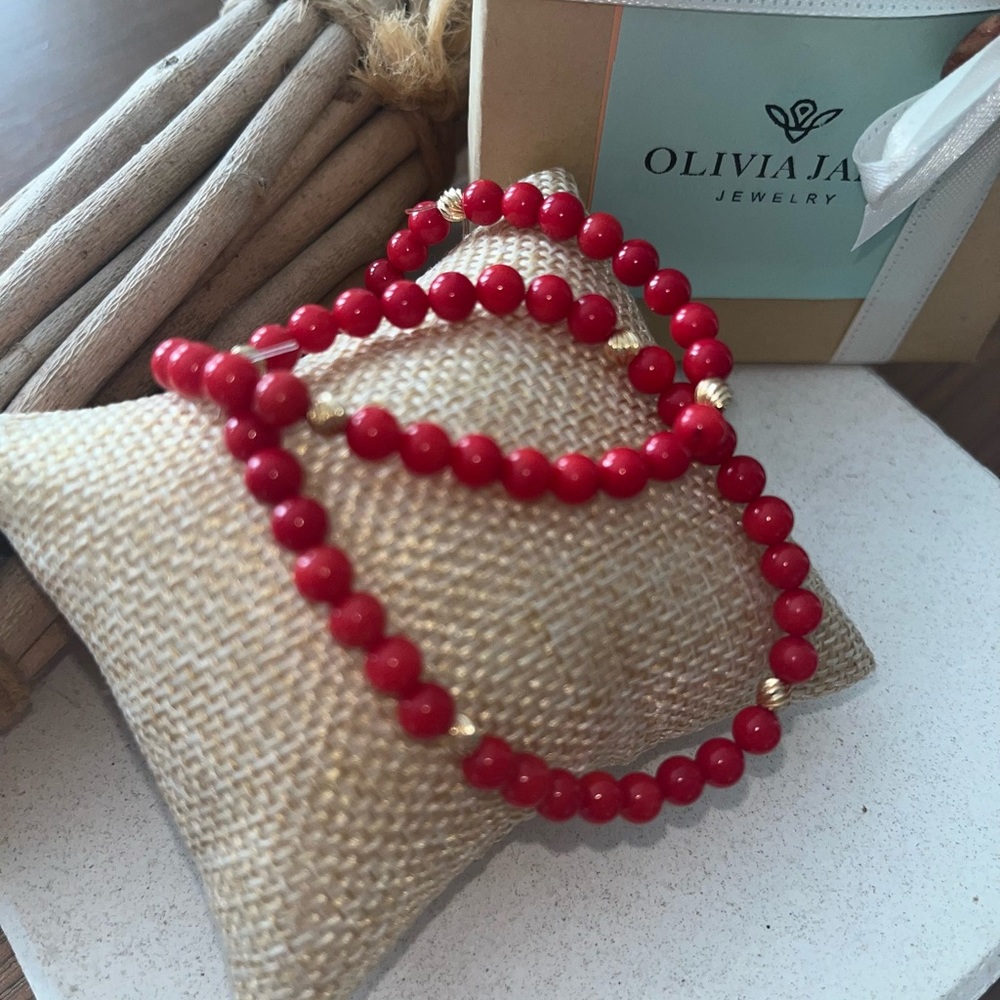 Red Howlite and 14K Gold Stretch Bracelets (set of two) —Stamped & Packaged